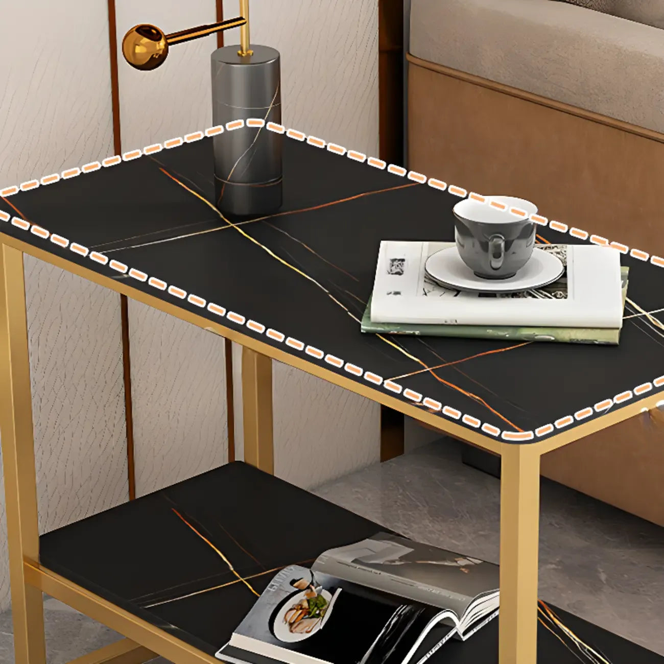 Glam Black Marble Side Table with Storage for Living Room