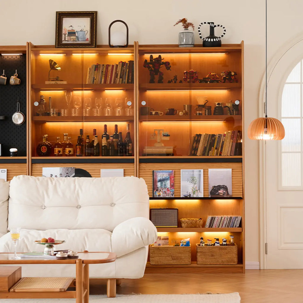 Adjustable Solid Wood Brown Display Cabinet with Light