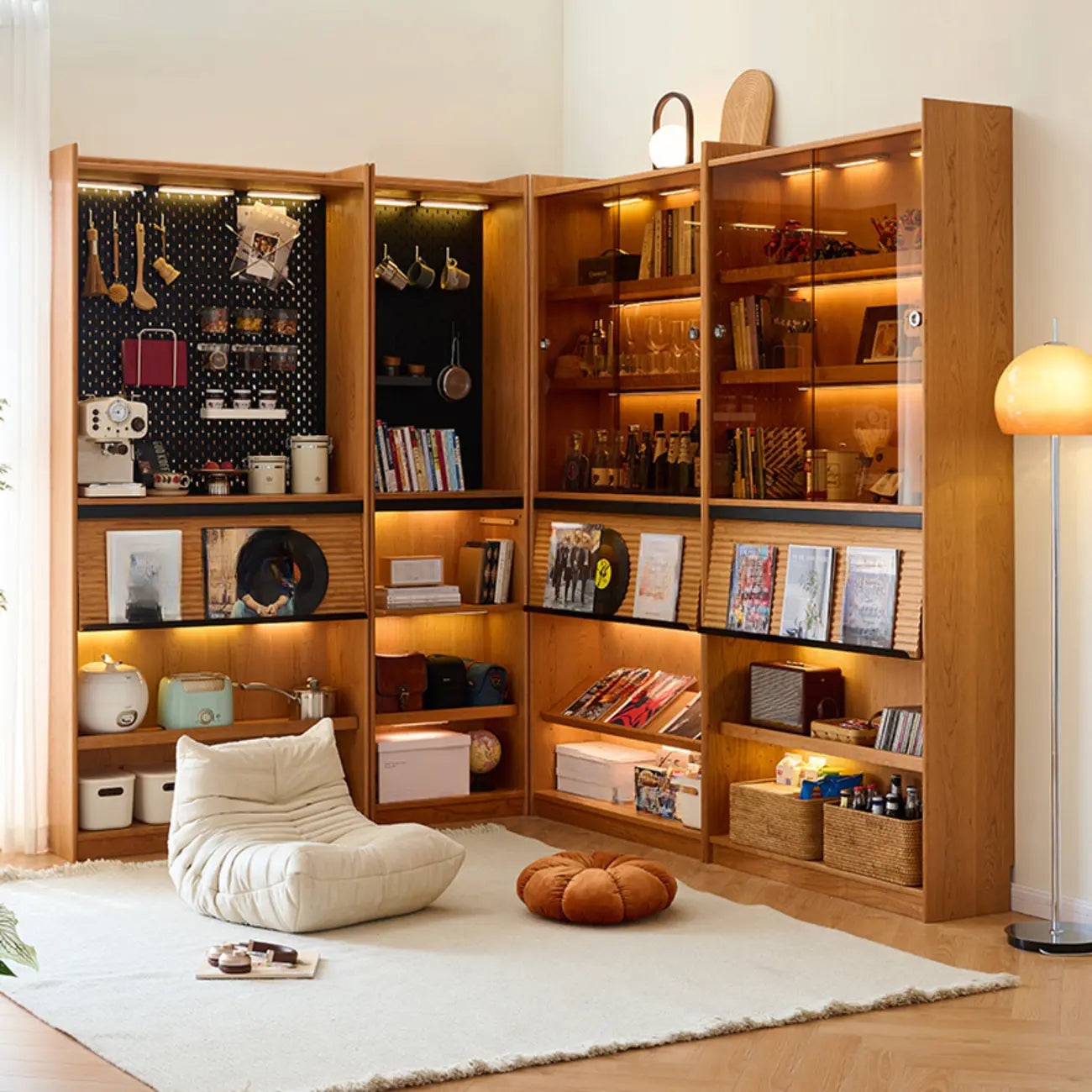 Adjustable Solid Wood Brown Display Cabinet with Light