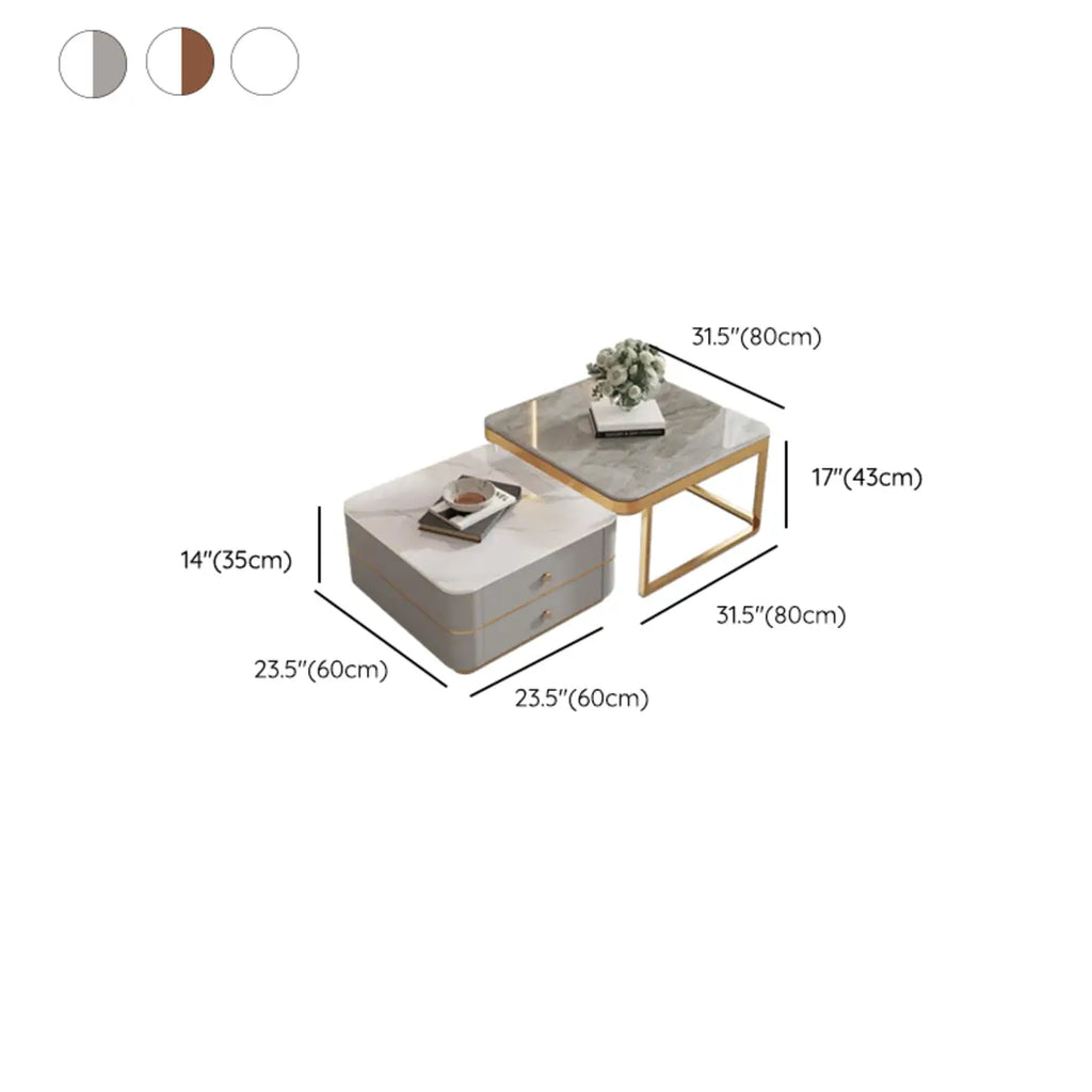 Modern Rectangular Marble Coffee Table Set with Drawers