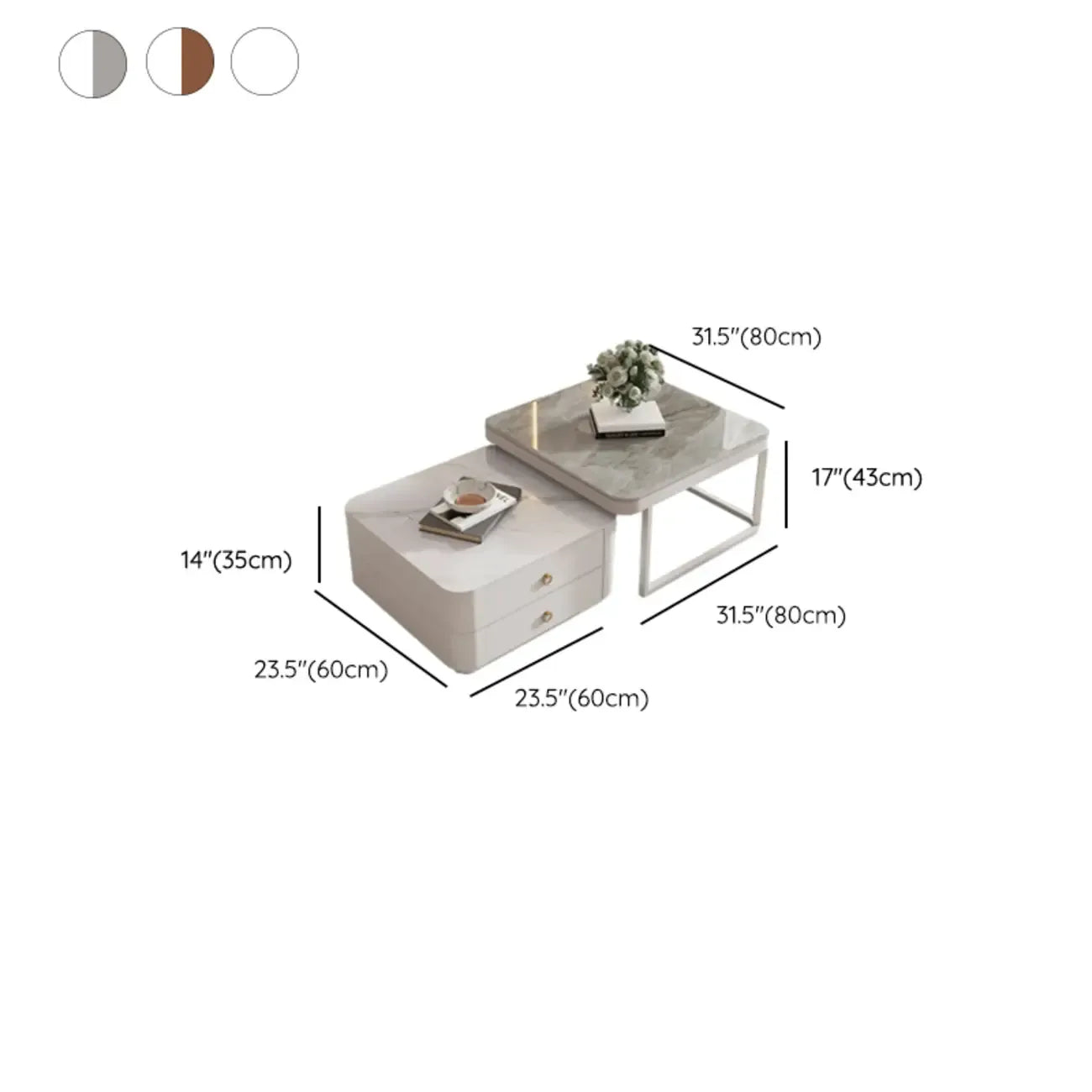 Modern Rectangular Marble Coffee Table Set with Drawers