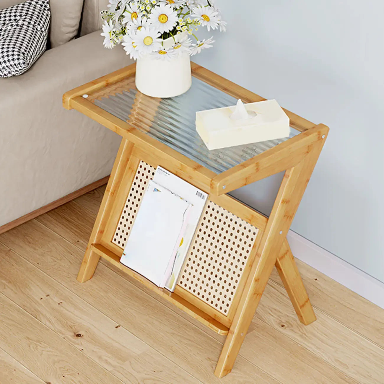 Glass Top Side Table with Magazine Rack for Living Room