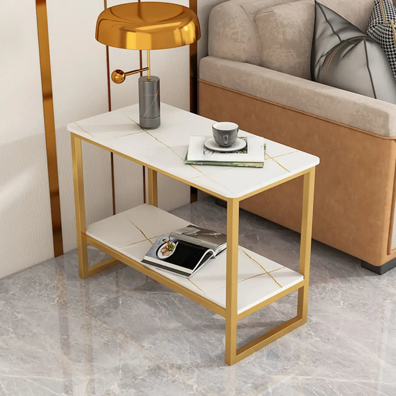 Glam Black Marble Side Table with Storage for Living Room