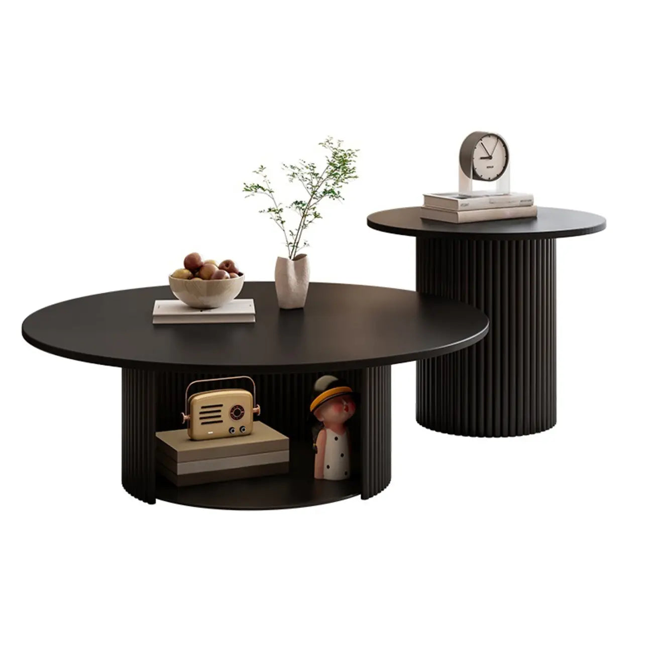 Modern Black Wooden Round Coffee Table Set for Indoor Use
