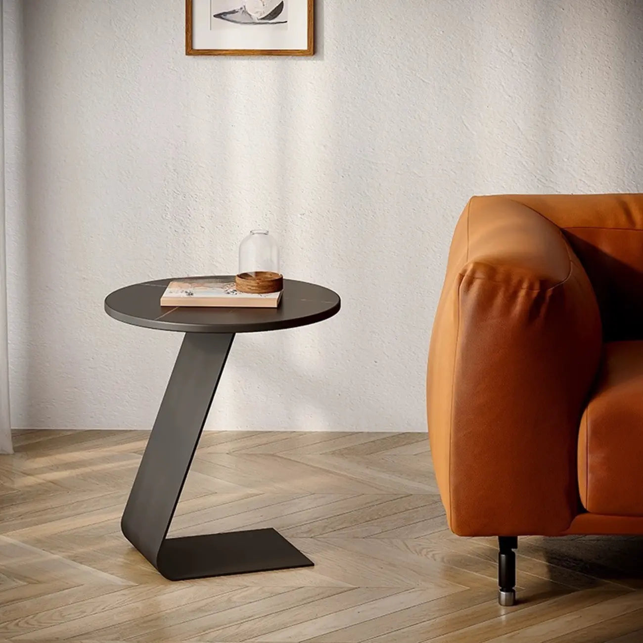 Black Metal Base Round C-Shaped Marble Side Table for Couch