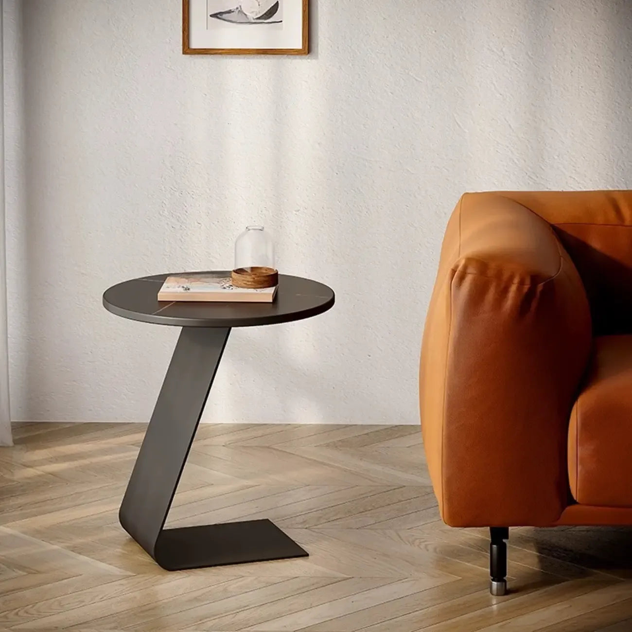 Black Metal Base Round C-Shaped Marble Side Table for Couch