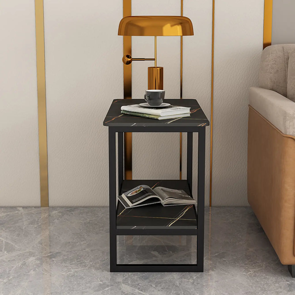 Glam Black Marble Side Table with Storage for Living Room