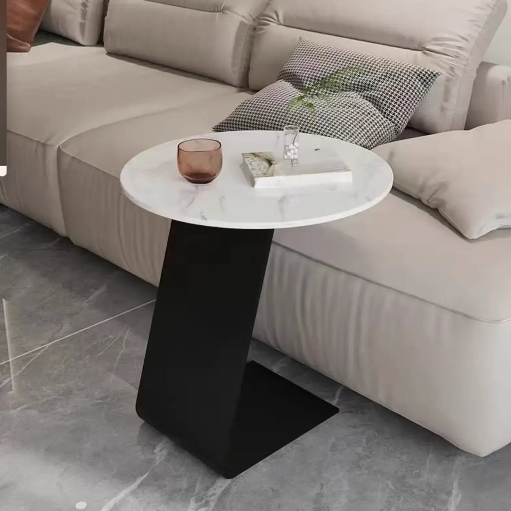 Black Metal Base Round C-Shaped Marble Side Table for Couch