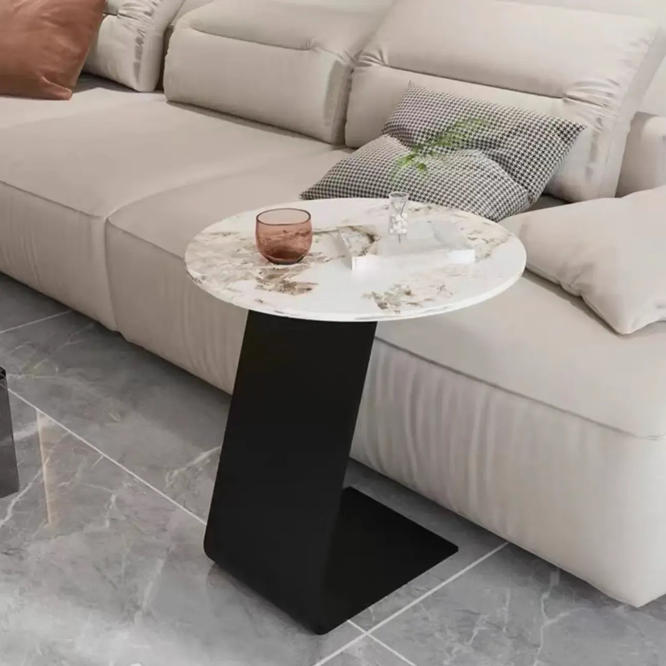 Black Metal Base Round C-Shaped Marble Side Table for Couch