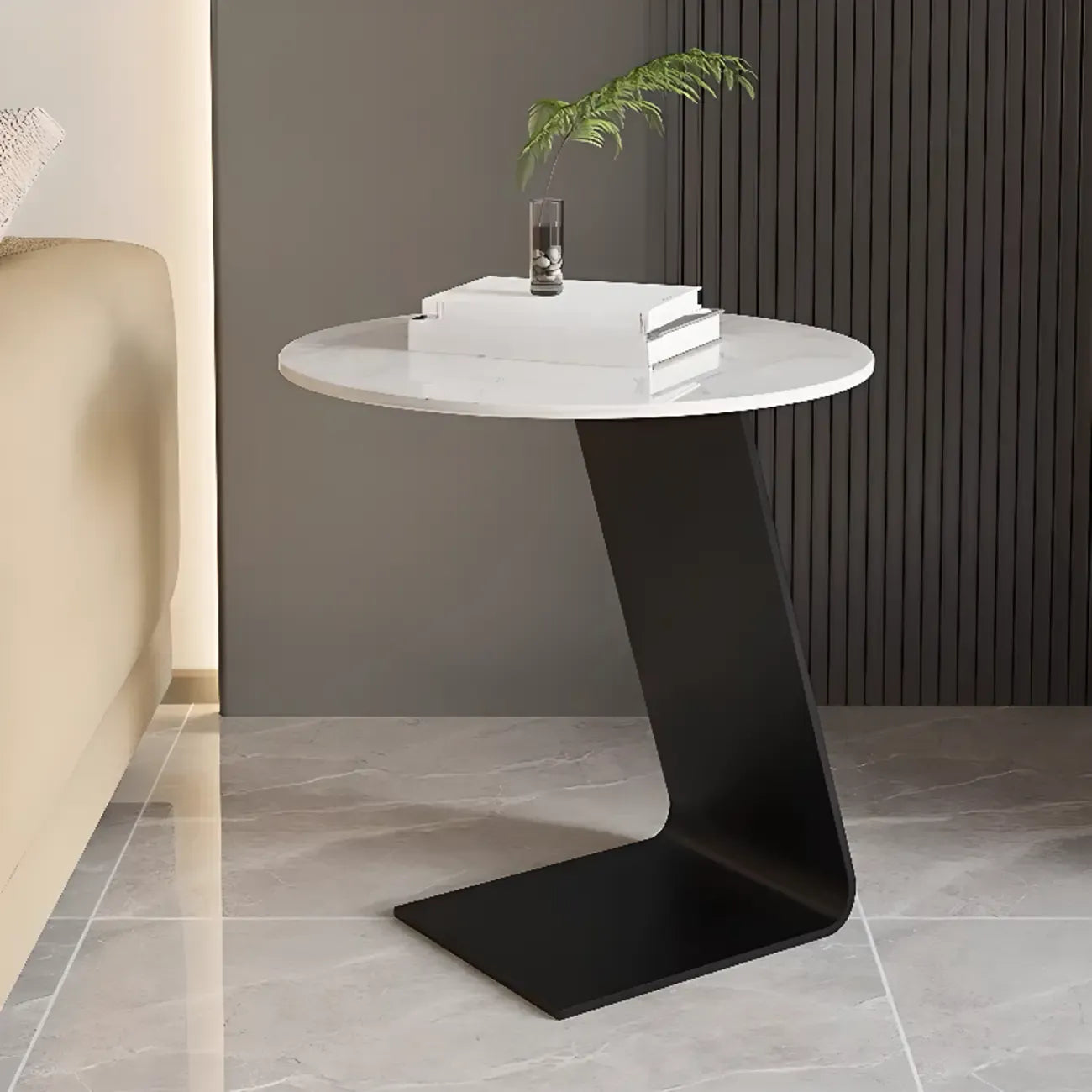 Black Metal Base Round C-Shaped Marble Side Table for Couch