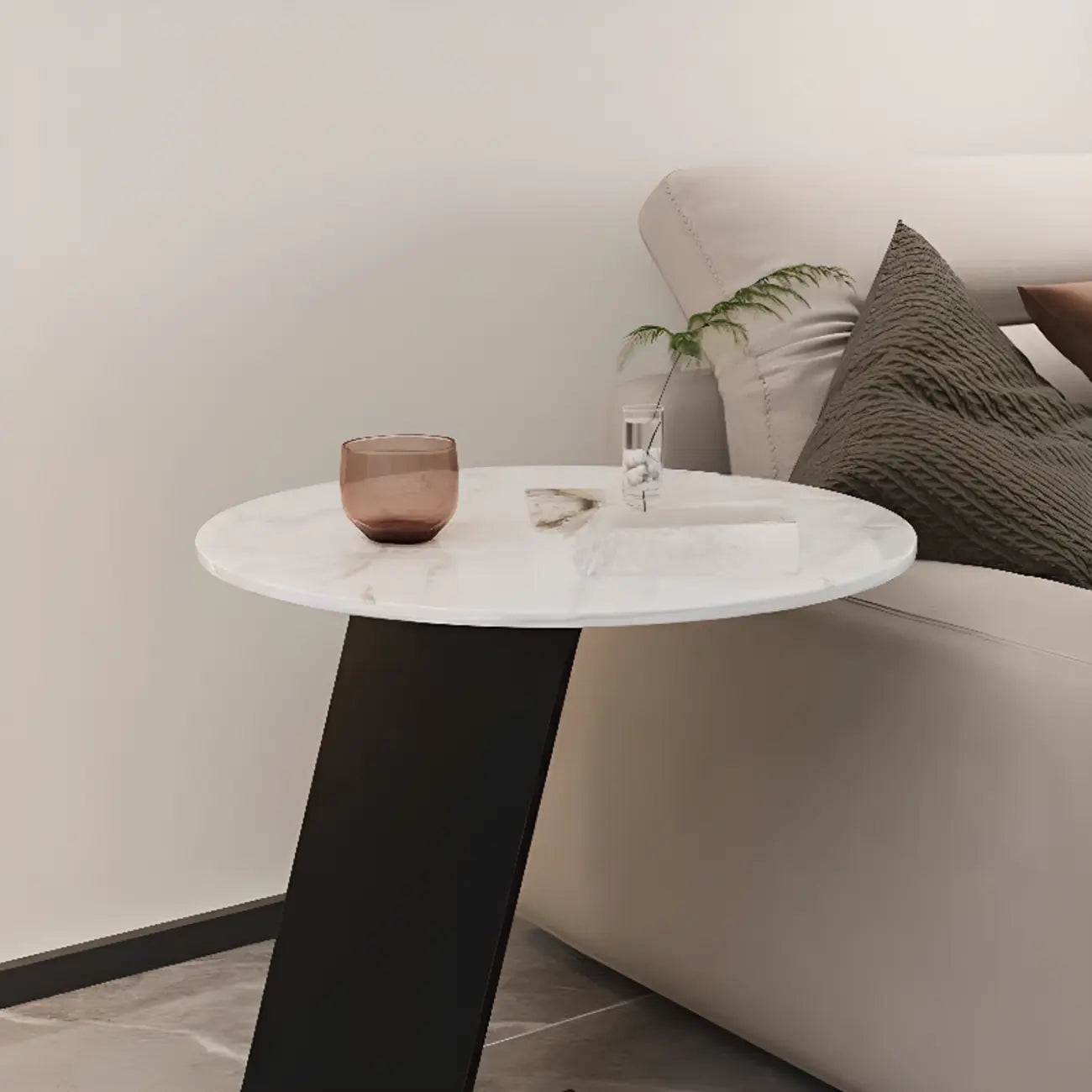 Black Metal Base Round C-Shaped Marble Side Table for Couch