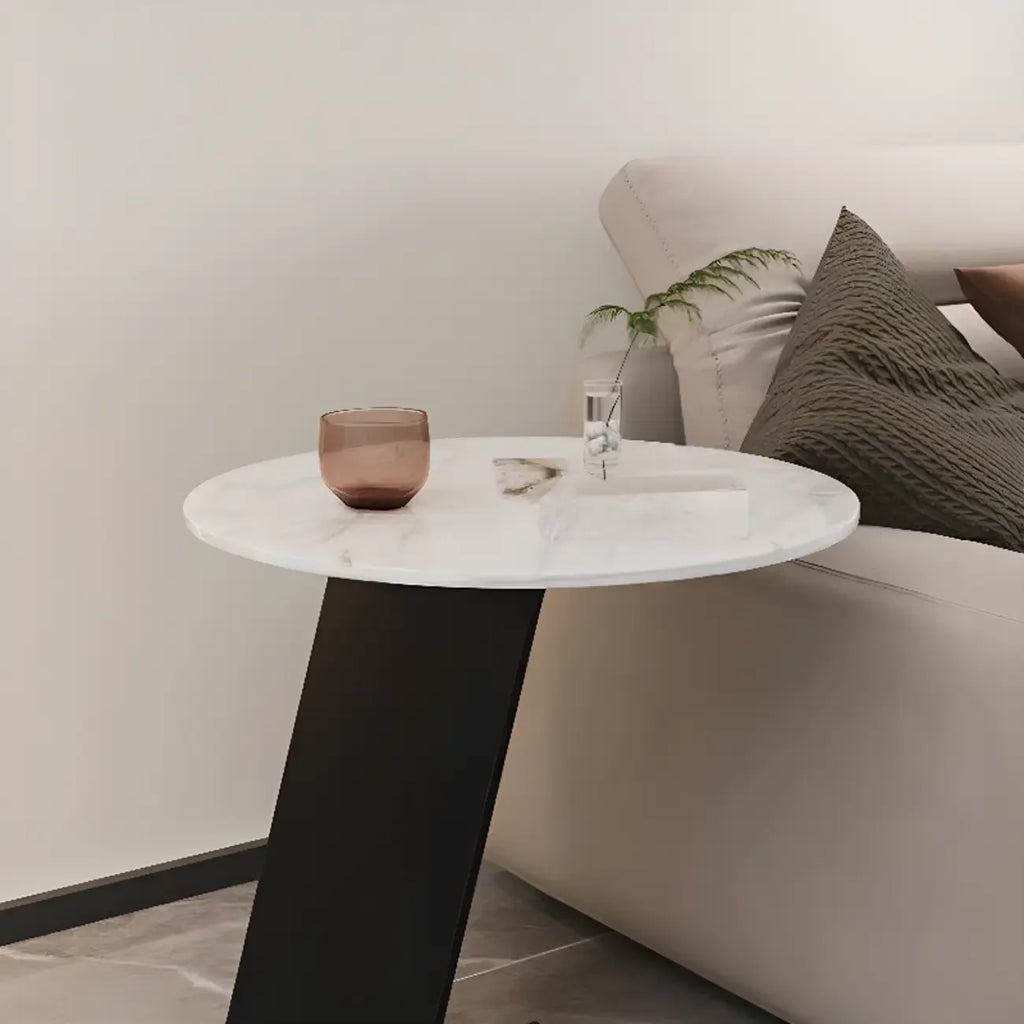Black Metal Base Round C-Shaped Marble Side Table for Couch