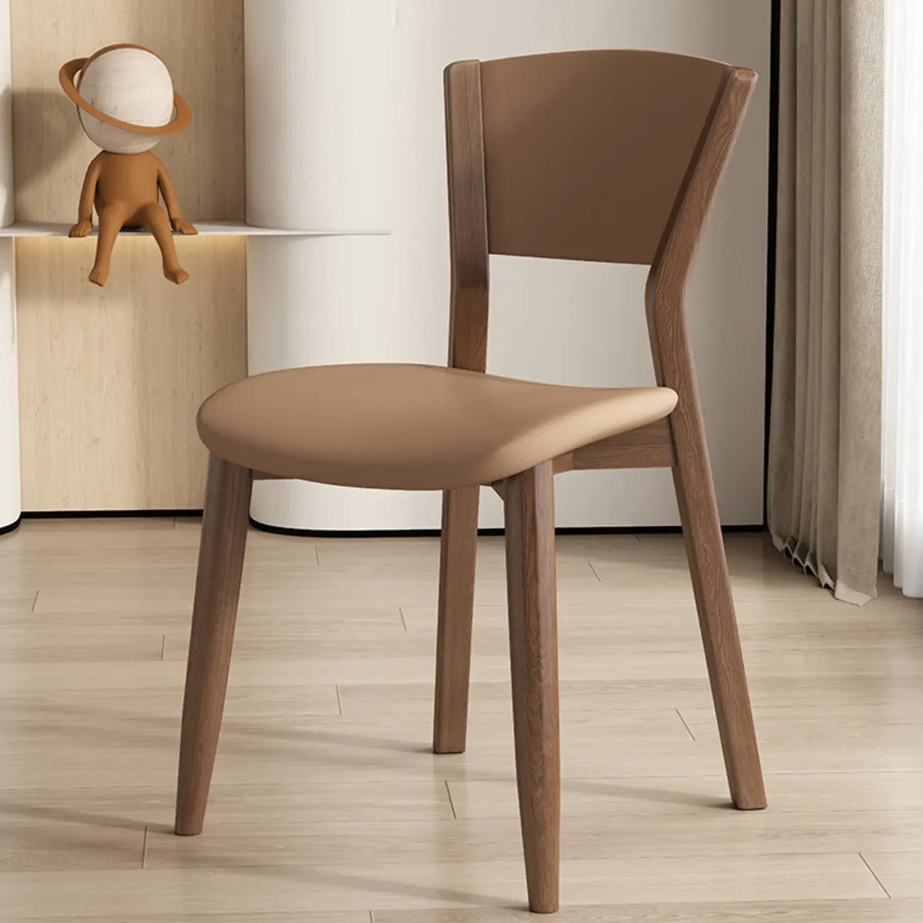 Simple Wooden Open Back Faux Leather Upholstered Dining Chair