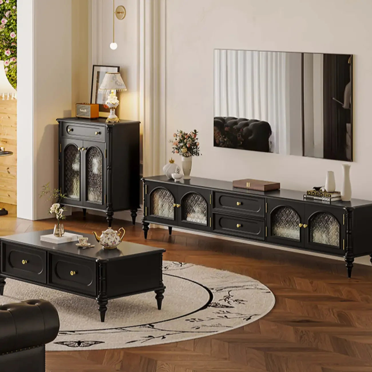 Black Wood Floor Countertop China Cabinet with Storage