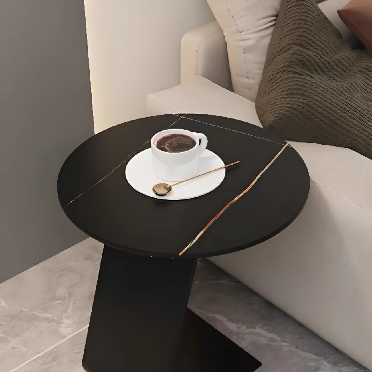 Black Metal Base Round C-Shaped Marble Side Table for Couch