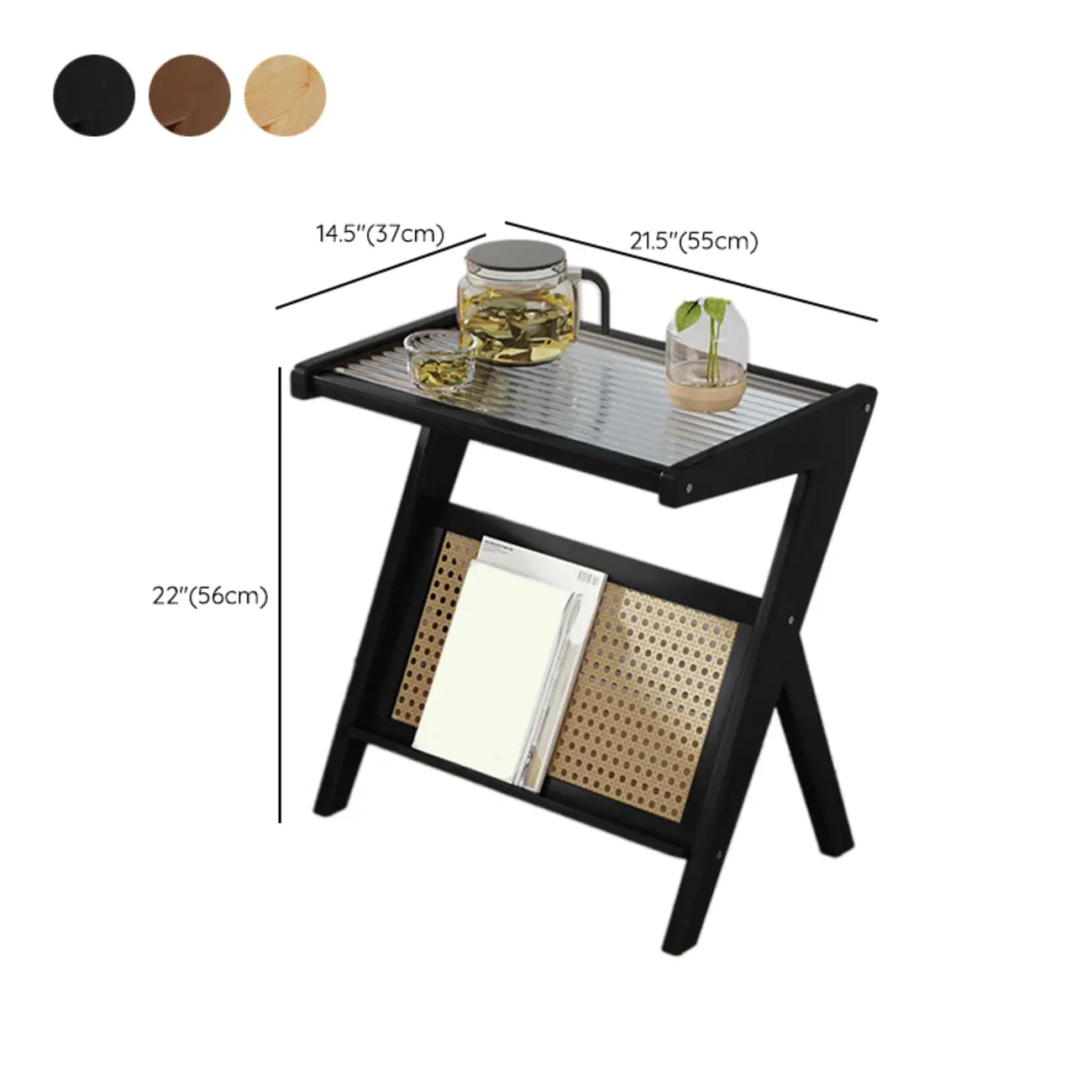 Glass Top Side Table with Magazine Rack for Living Room