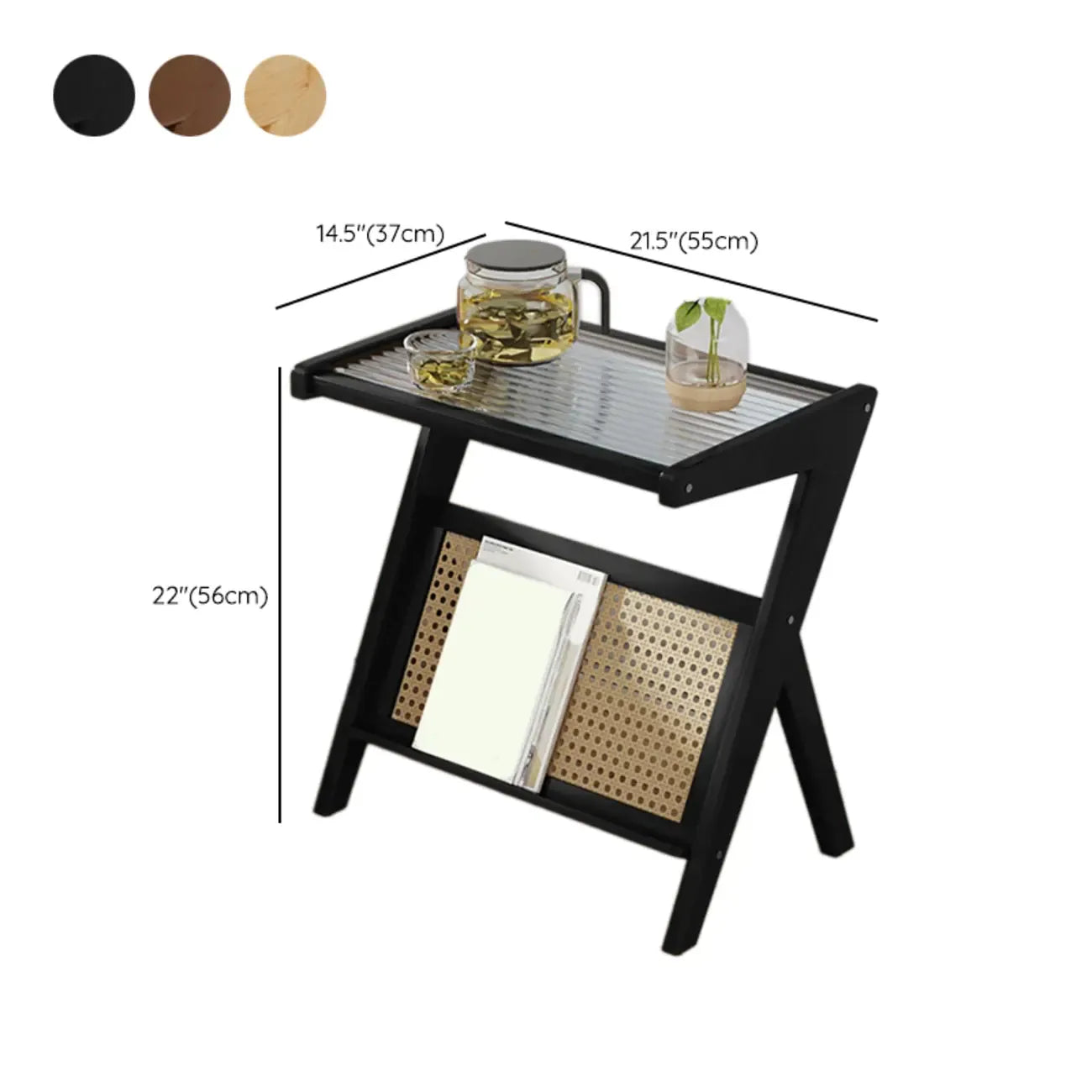 Glass Top Side Table with Magazine Rack for Living Room