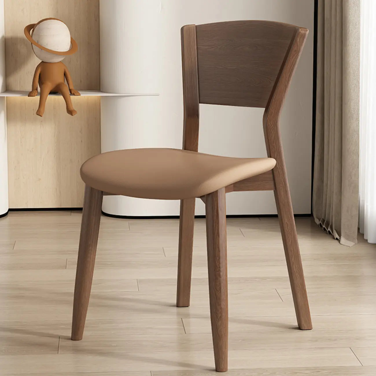Simple Wooden Open Back Faux Leather Upholstered Dining Chair
