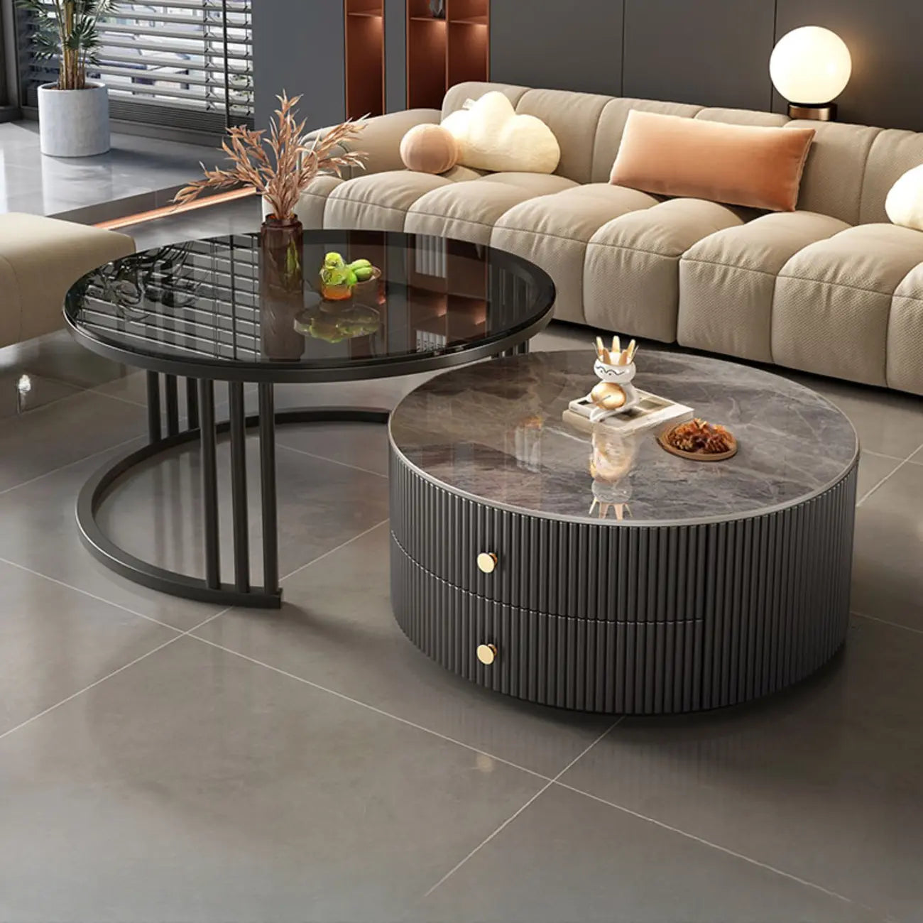 Modern White Round Nesting Coffee Table Set with Steel Base
