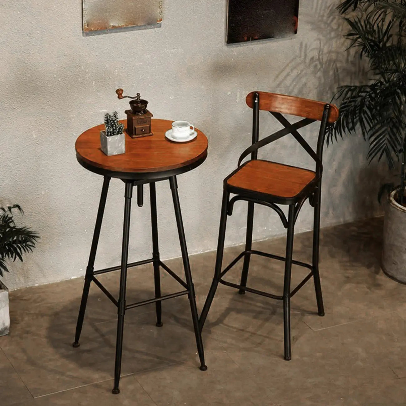 Rustic Wooden Adjustable Pub Bar Table with Metal Footrest
