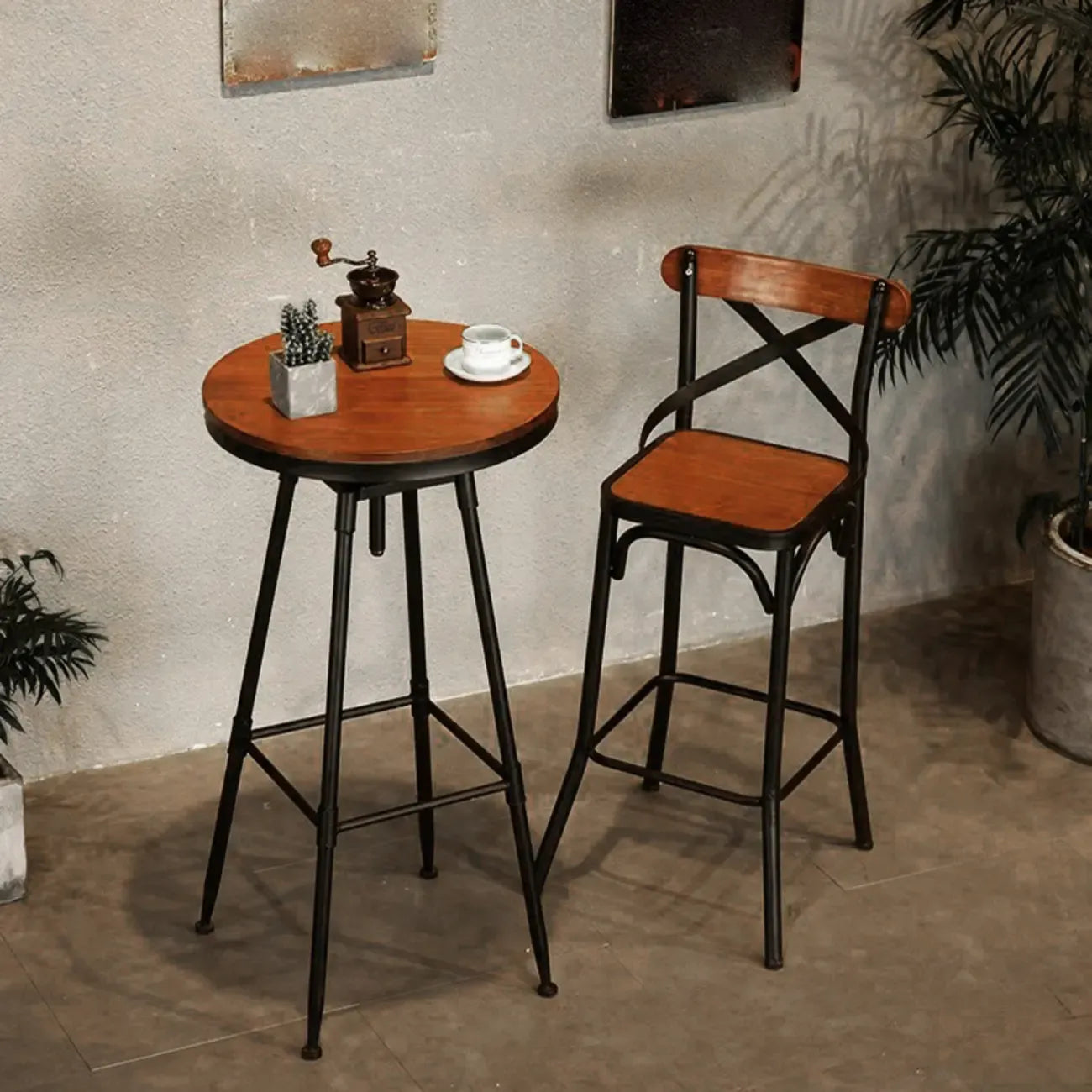Rustic Wooden Adjustable Pub Bar Table with Metal Footrest