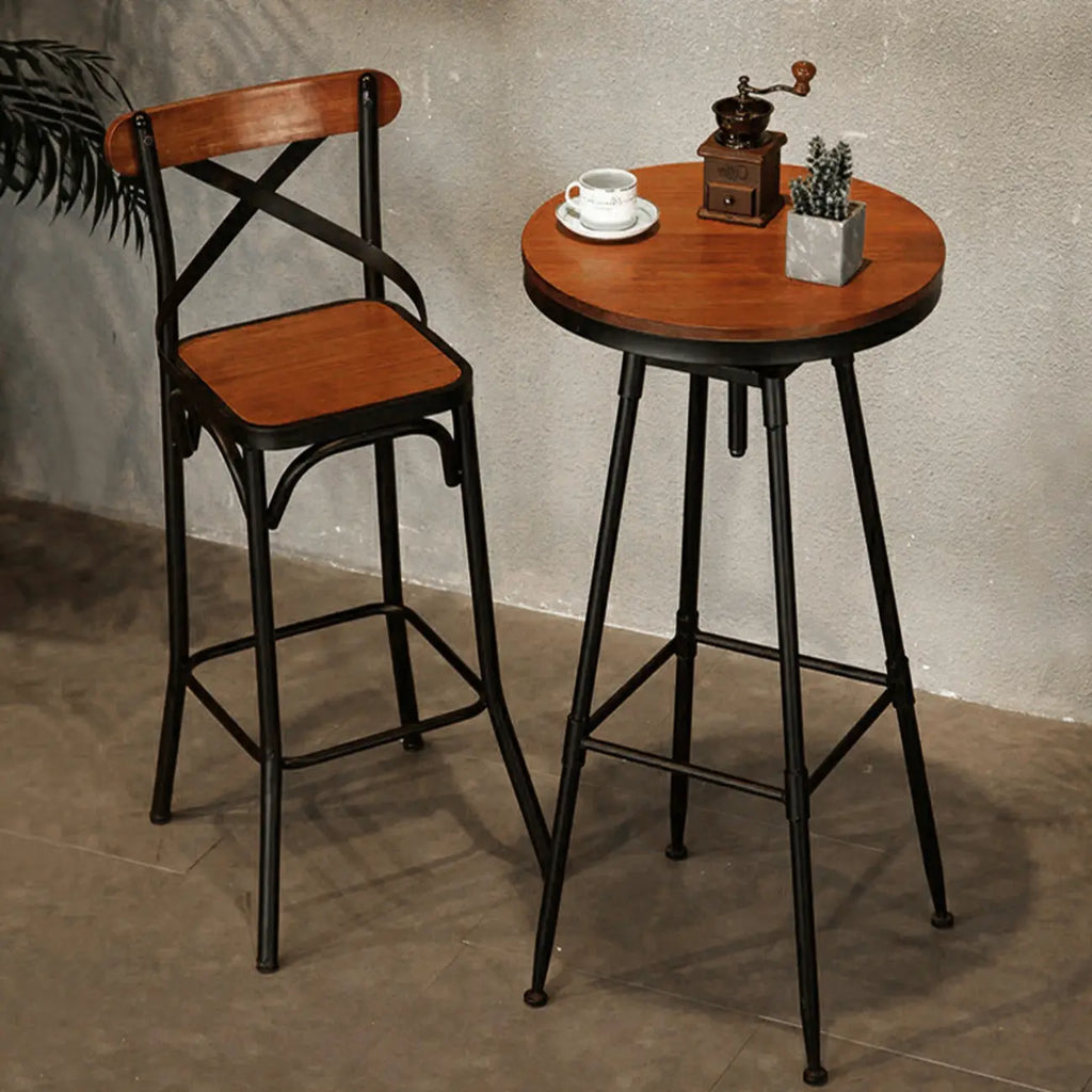 Rustic Wooden Adjustable Pub Bar Table with Metal Footrest