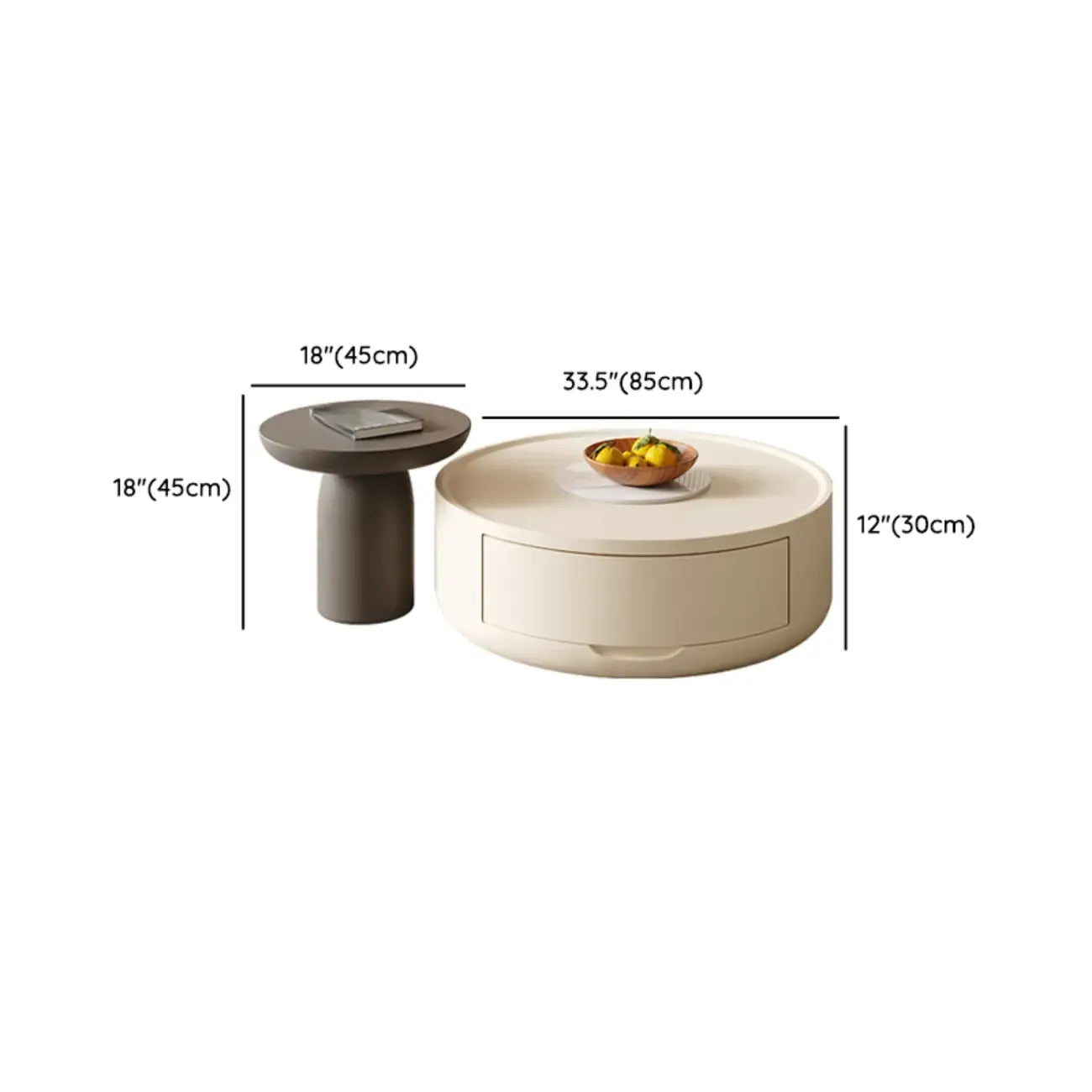Modern White Round Coffee Table with Wood Base & Tray Top