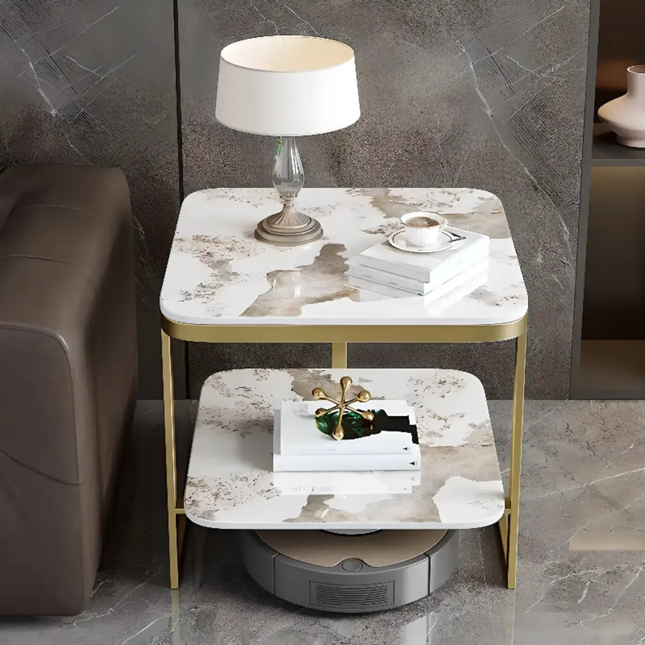 2-Tier C-Shaped Side Table with Shelf