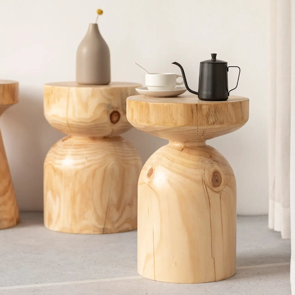 Natural Pine Small Wood Round End Table for Living Room