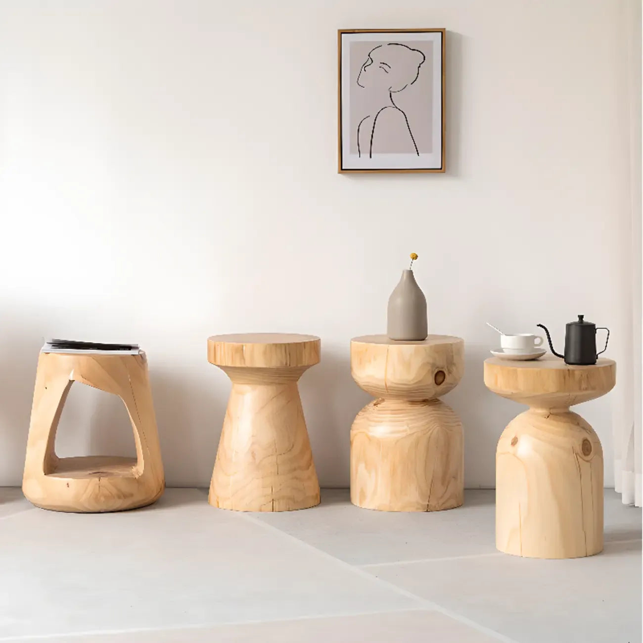 Natural Pine Small Wood Round End Table for Living Room