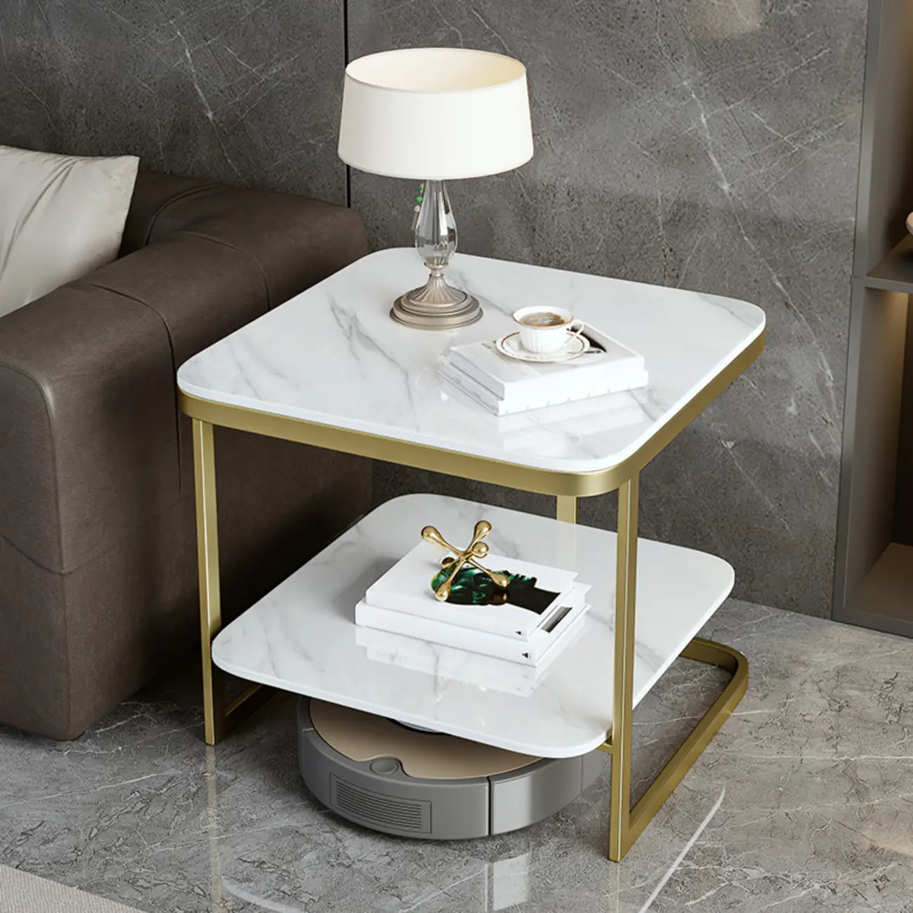 2-Tier C-Shaped Side Table with Shelf