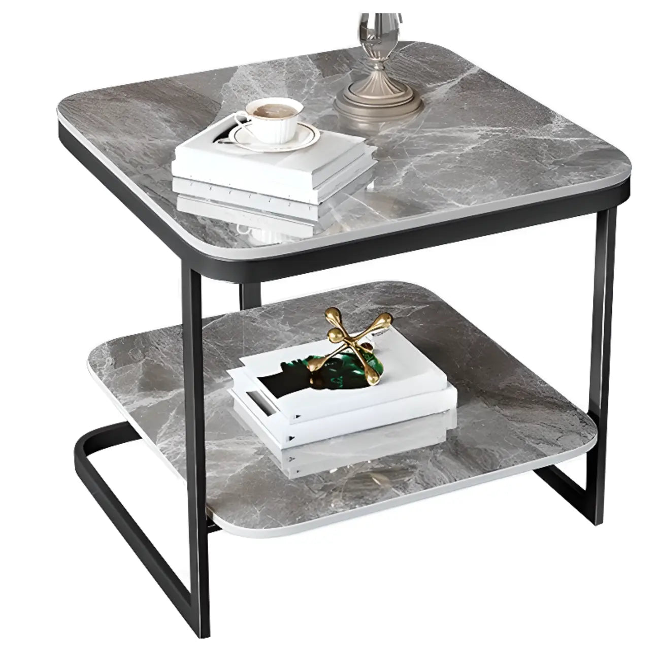 2-Tier C-Shaped Side Table with Shelf
