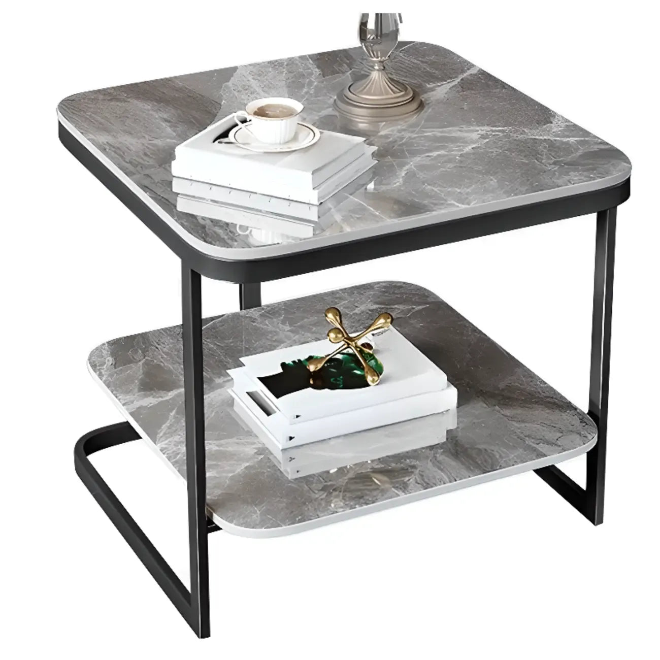 2-Tier C-Shaped Side Table with Shelf