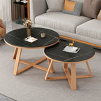 Modern Marble Round 2 Nesting Coffee Table Set with Wood Base