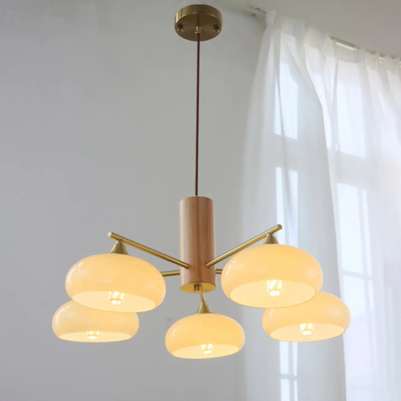 Contemporary Wood Milky Yellow Glass Chandelier