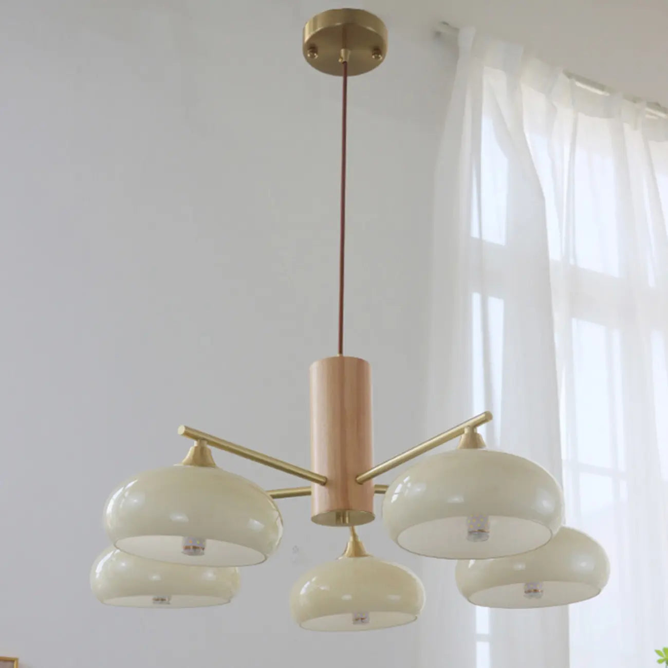 Contemporary Wood Milky Yellow Glass Chandelier