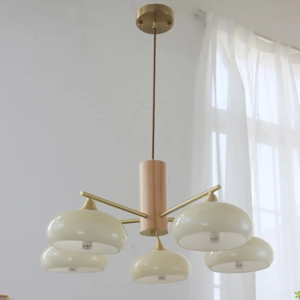 Contemporary Wood Milky Yellow Glass Chandelier