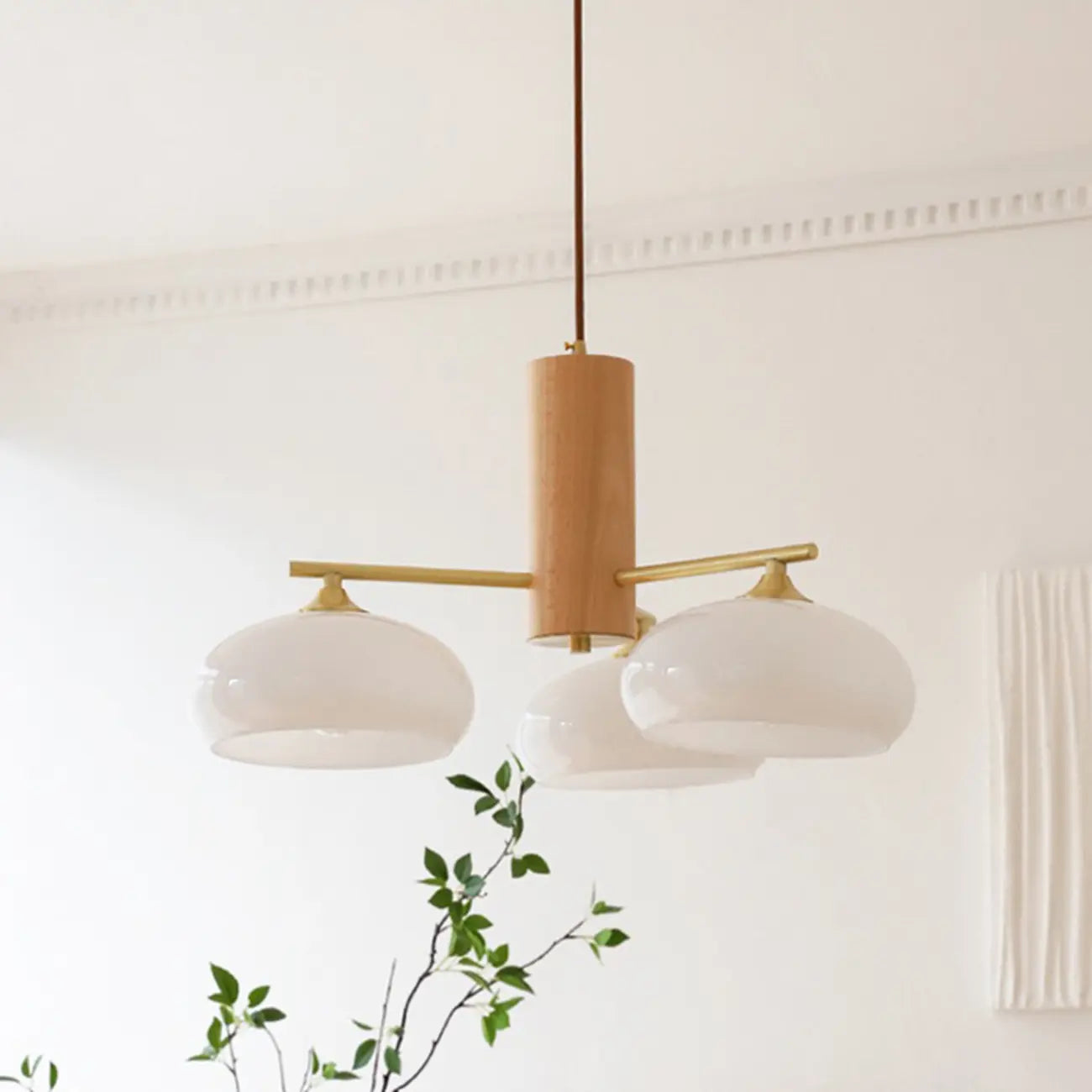 Contemporary Wood Milky Yellow Glass Chandelier