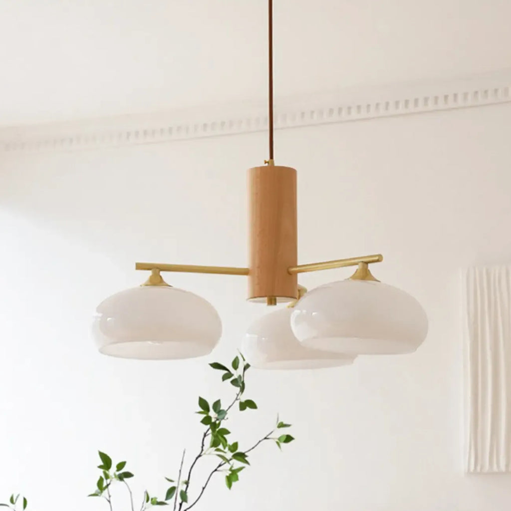 Contemporary Wood Milky Yellow Glass Chandelier