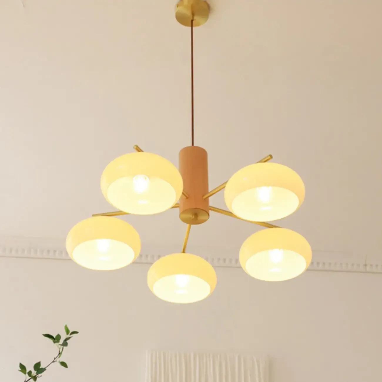 Contemporary Wood Milky Yellow Glass Chandelier