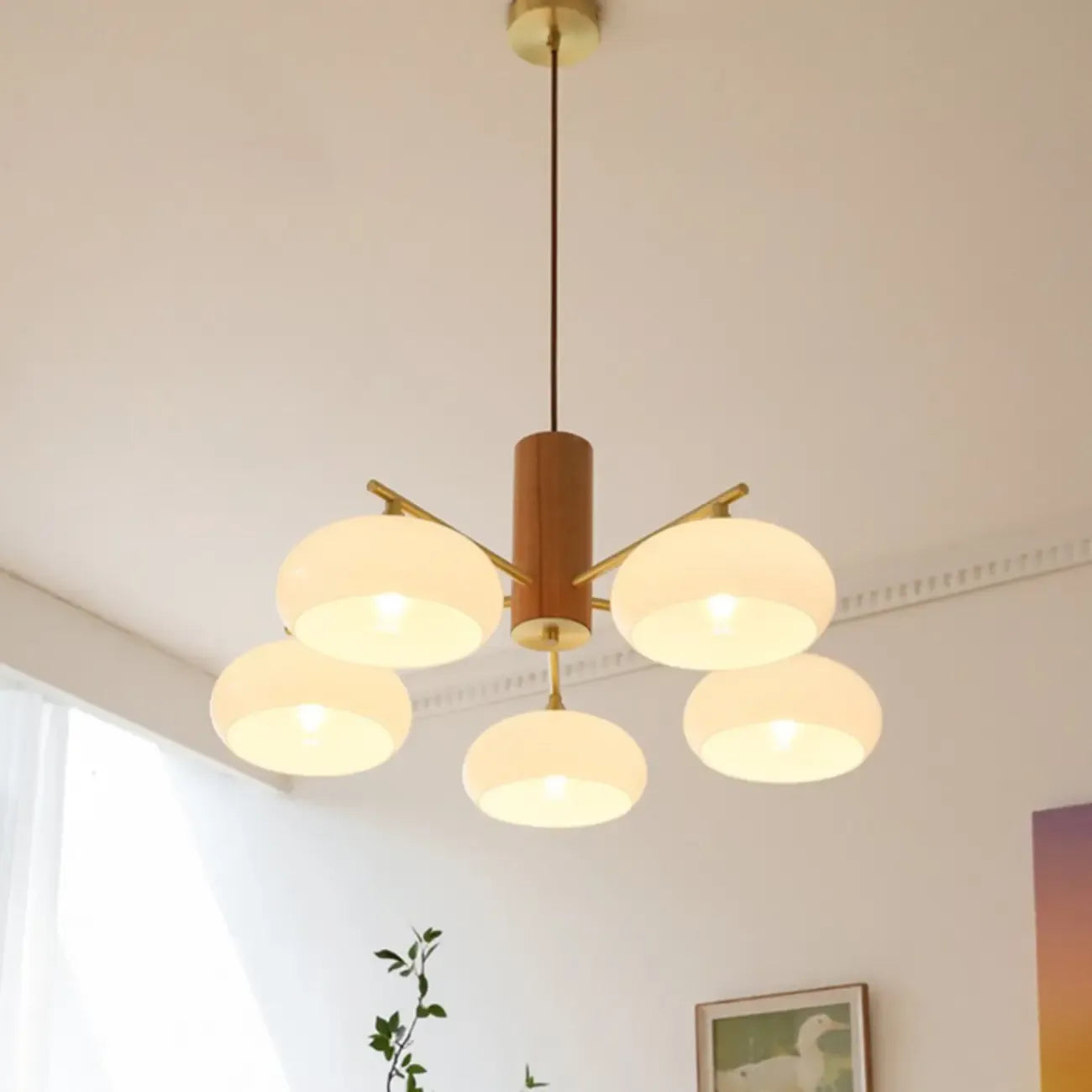 Contemporary Wood Milky Yellow Glass Chandelier