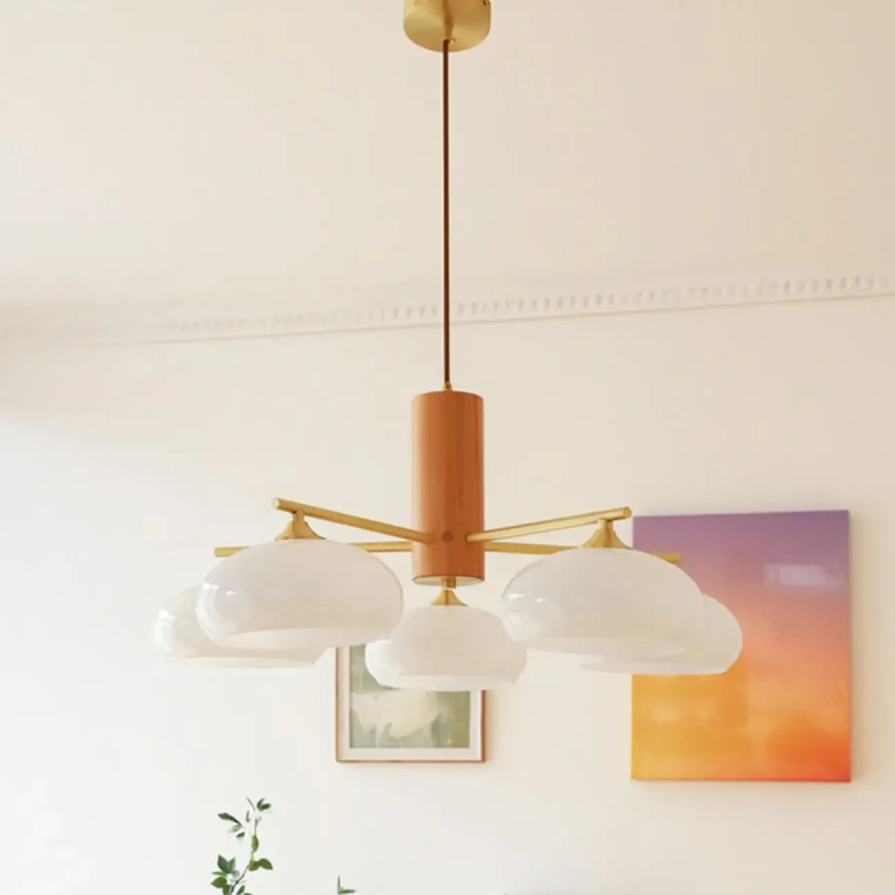 Contemporary Wood Milky Yellow Glass Chandelier