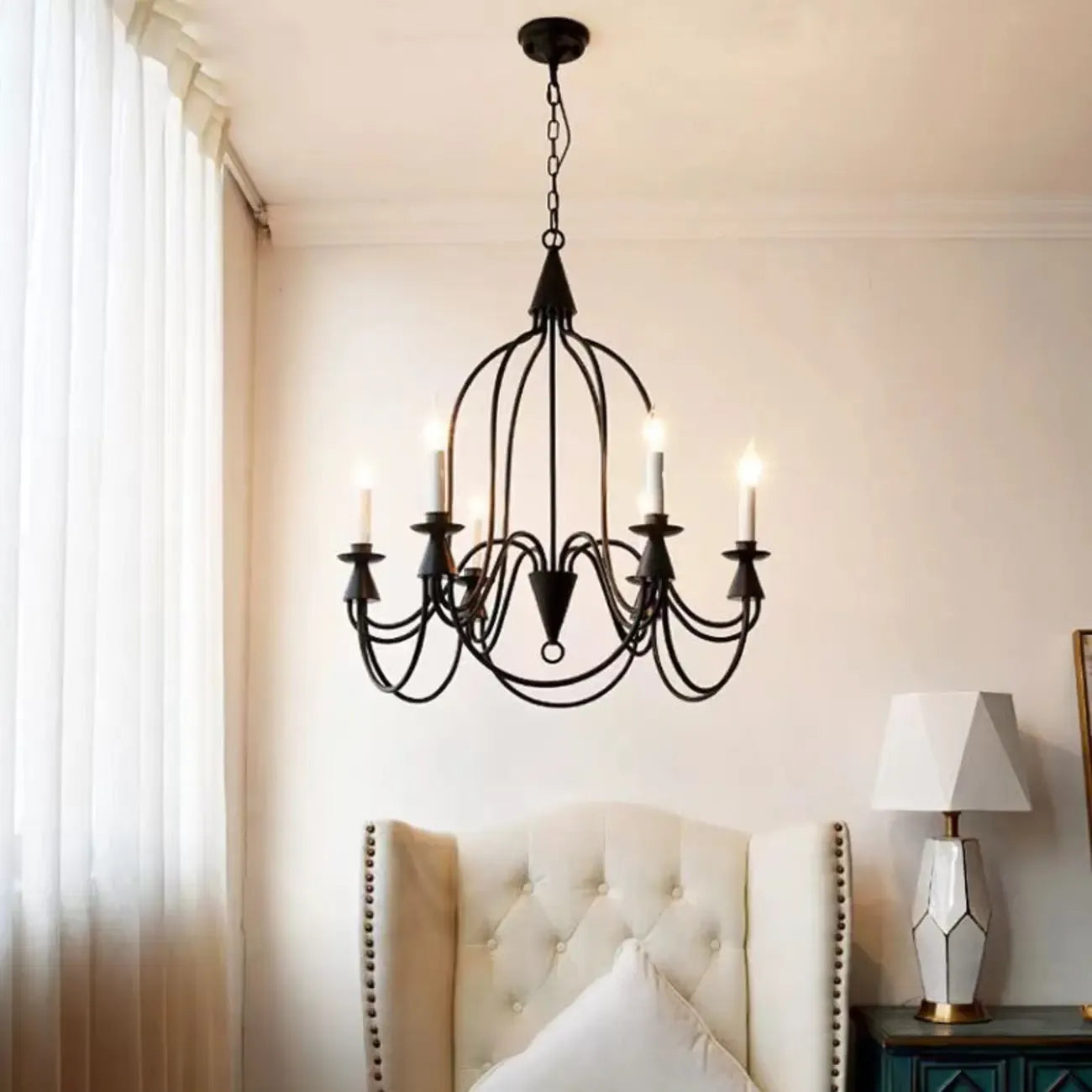Vintage Curved Metal Chandelier with Adjustable Height