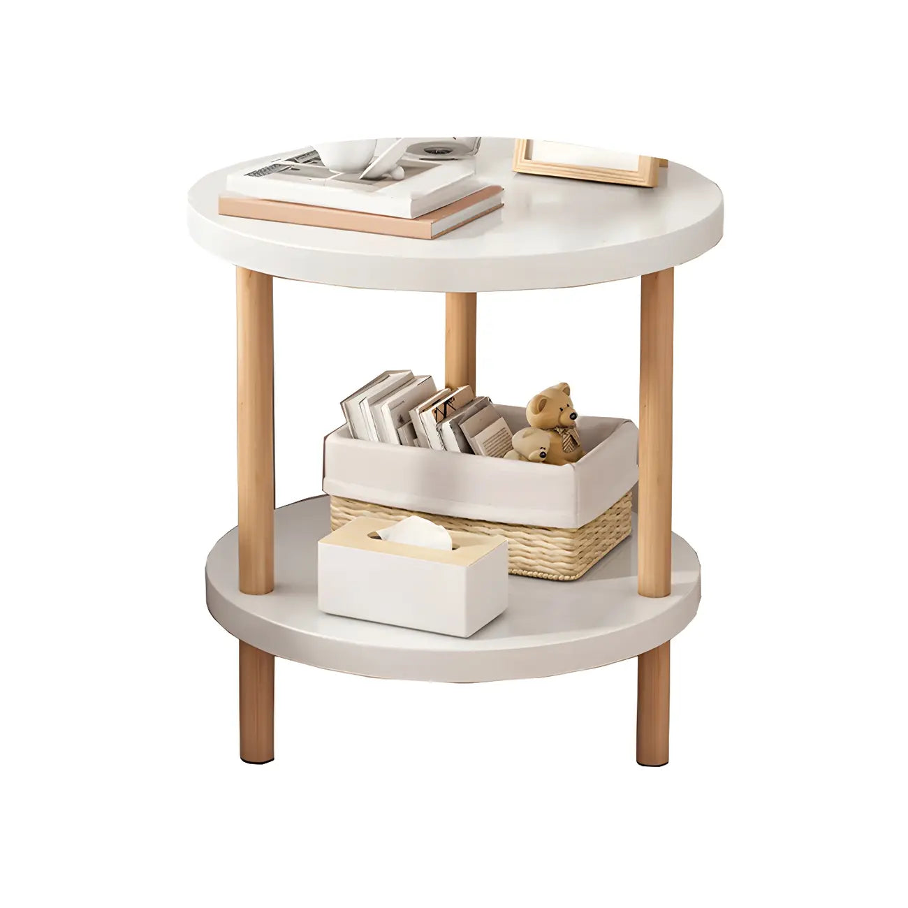 Contemporary Wood Small Round Bedside Table with Shelf