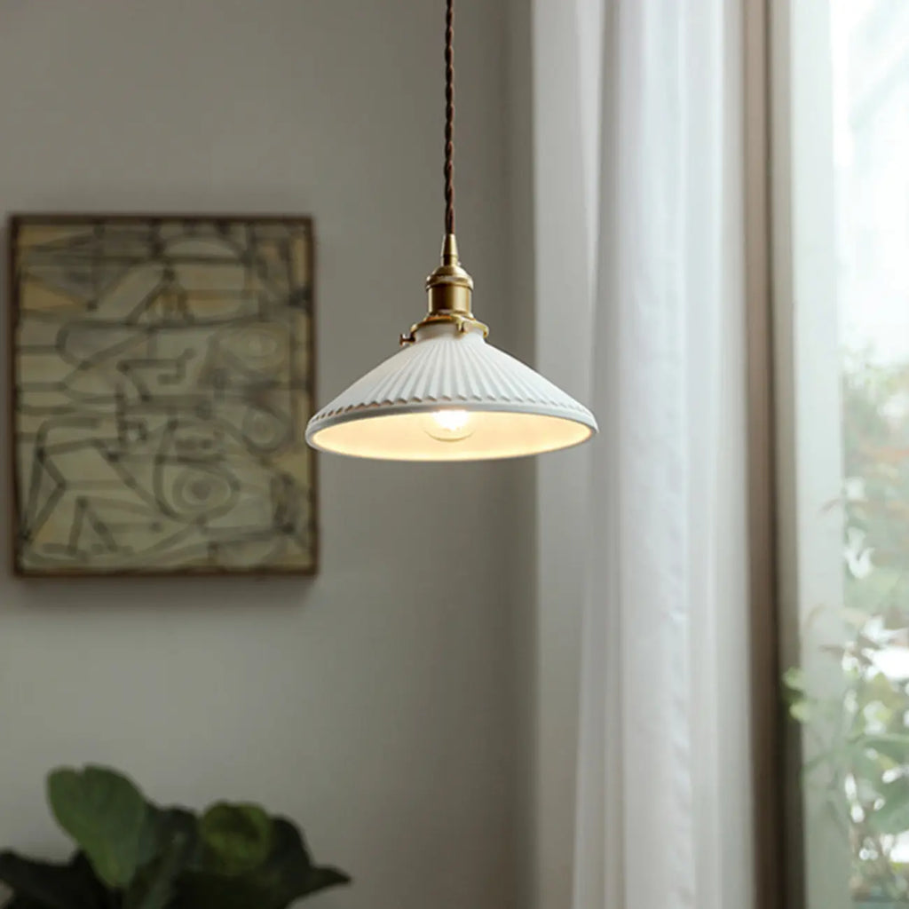 Elegant Classic Ceramic Pleated Cone Pendant Lamp for Living Room