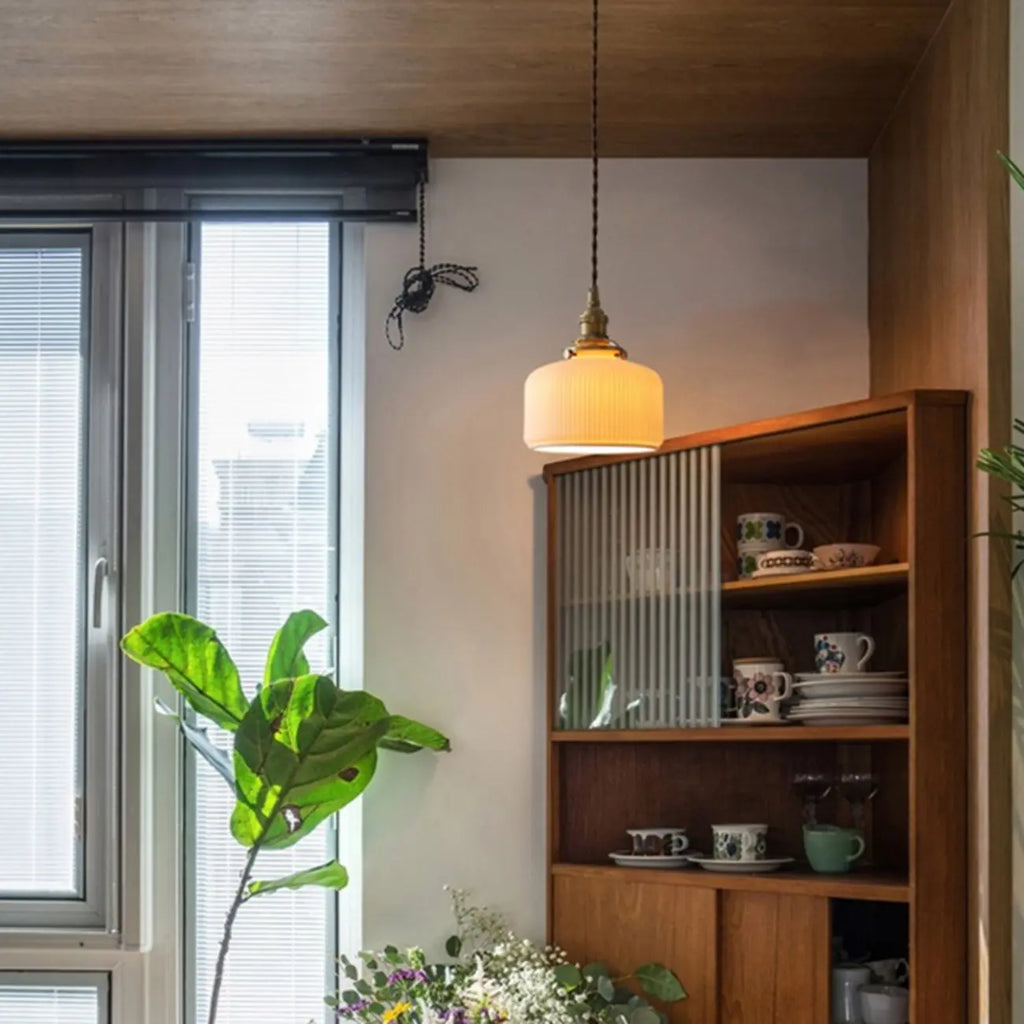 Elegant Classic Ceramic Pleated Cone Pendant Lamp for Living Room