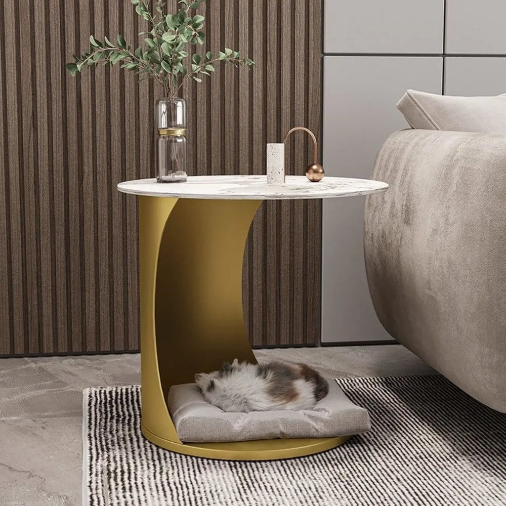 Classic C-Shaped White Marble Side Table with Gold Metal Base