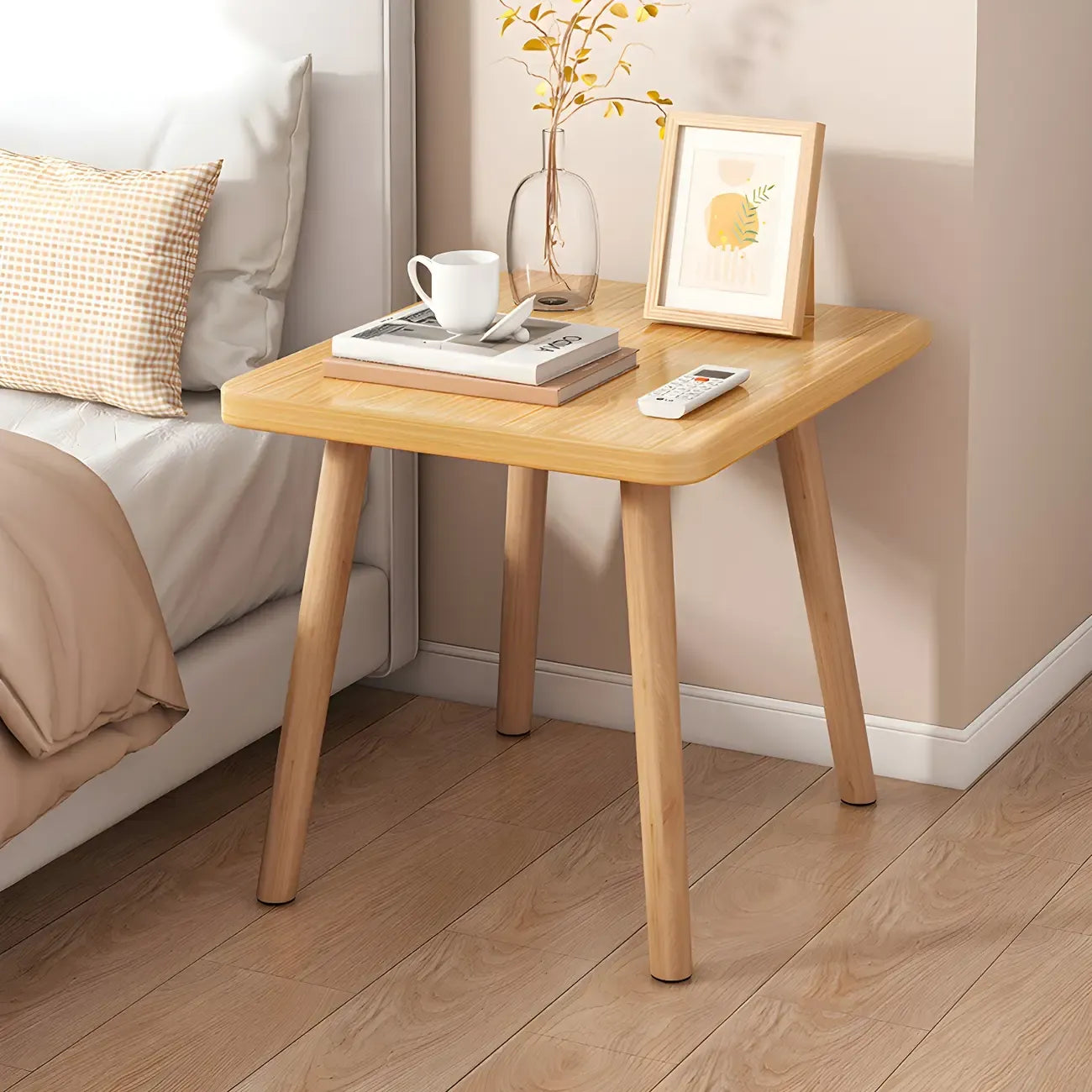 Contemporary Wood Small Round Bedside Table with Shelf