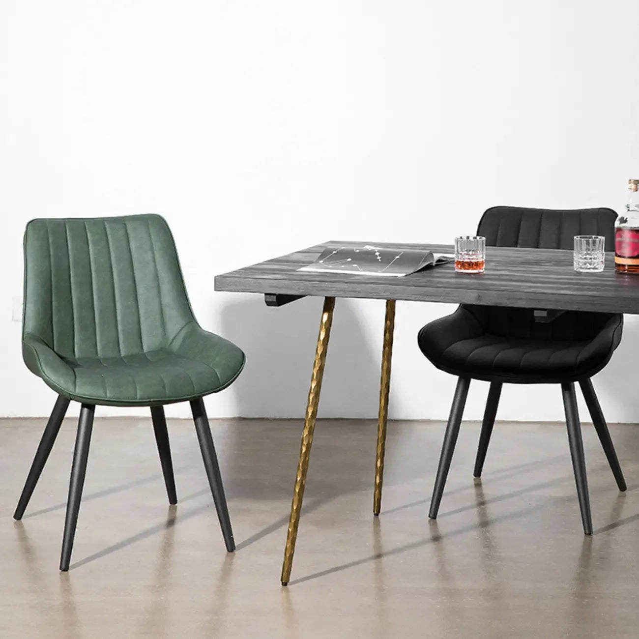 Simple Upholstered Leather Dining Chair Solid Back Metal Legs