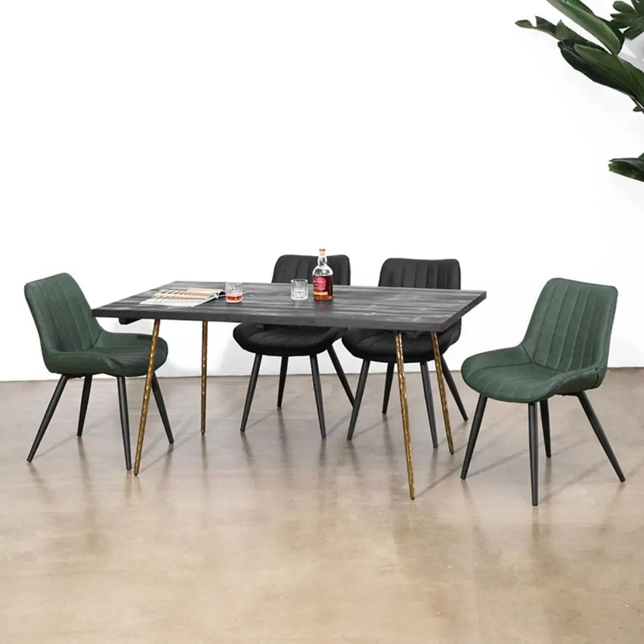 Simple Upholstered Leather Dining Chair Solid Back Metal Legs